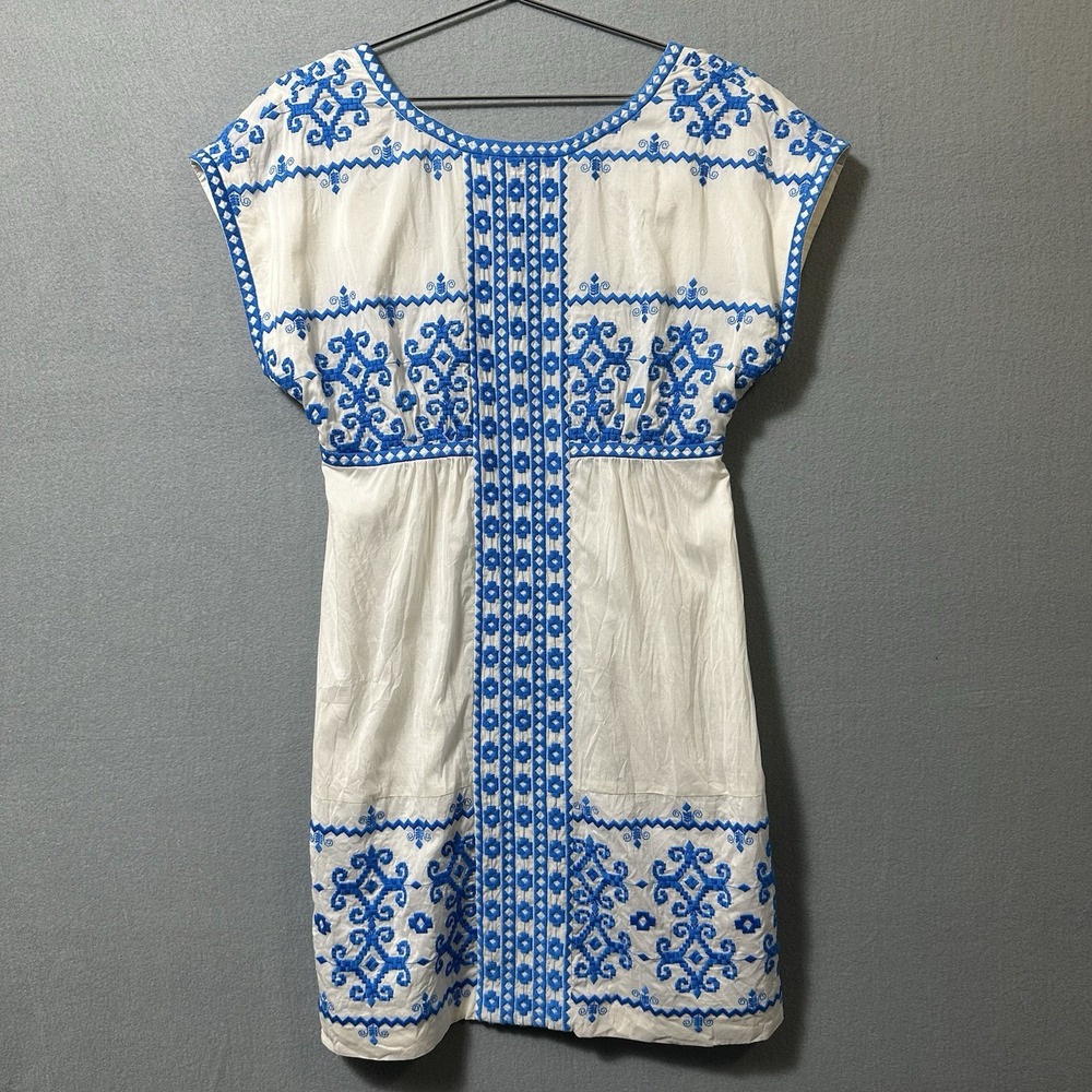Tibi New York Dress Women's Size 8 White Blue Embroidered Open Back Silk Cotton